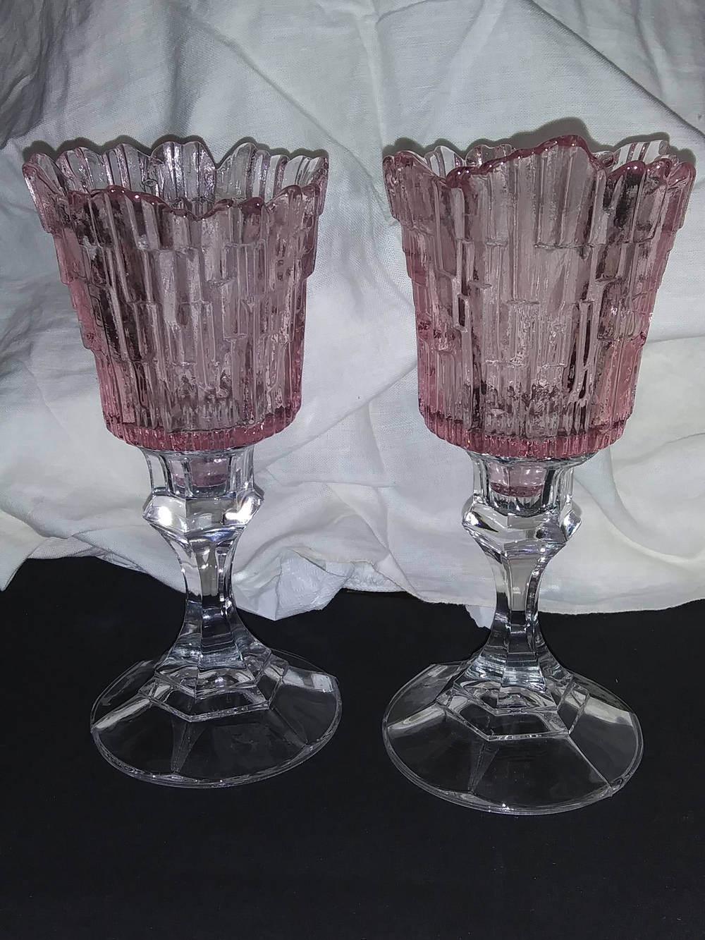 Textured Pink Stemmed Glass Candle Holders- Pair